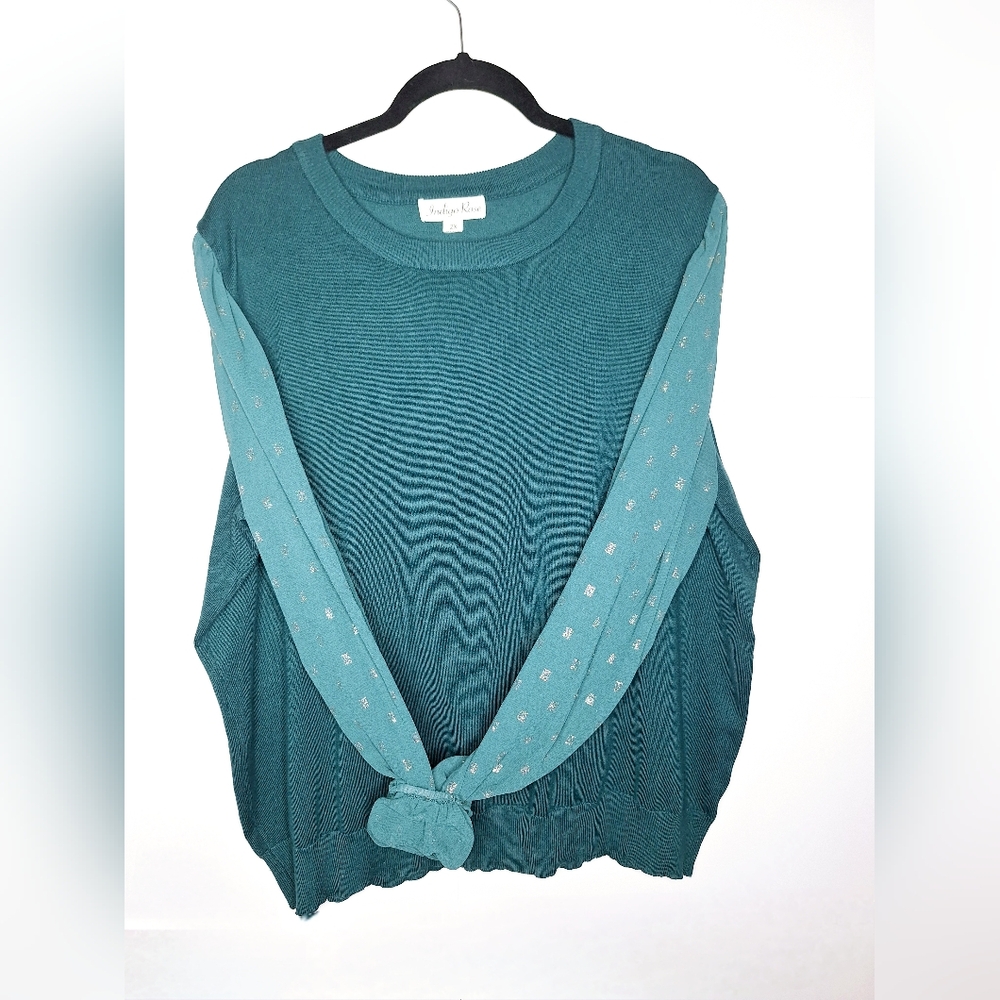 Indigo Rose brand Plus-size sheer sleeves sweater with a touch of metallic.